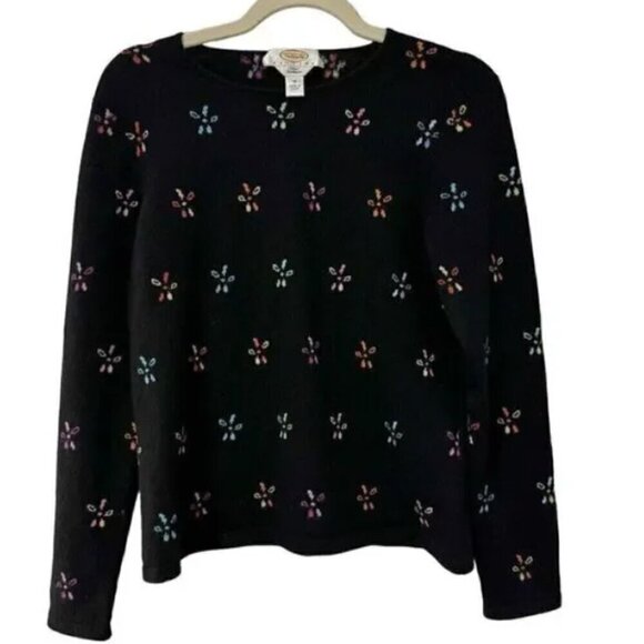 Talbots Cashmere Black Floral Pullover Sweater Lightweight Women Size M - Picture 2 of 5